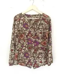 VINTAGE Floral Silk Top Blouse Long Sleeve Metal Button Front Retro Brown Size 4