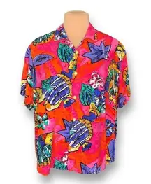 Vintage Hilo Hattie Top Bright Pink Orange Fish Print Button Front Short Sleeve