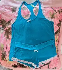 y2k vintage honeydew blue lace pajama tank top and shorts set 