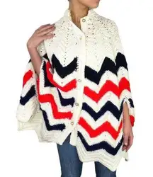 1980s Vintage Cream, Blue, & Red Granny Knit Poncho Shall Sweater Cozycore