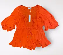Meshki Orange Skyla Playsuit Romper NWT‎ Off Shoulder V-Neck Tasseled Size M