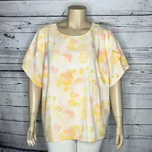 Denim & Co. Size 3X Pink & Yellow Tie Dye Print Tulip Sleeve Blouse Top