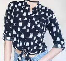 Love Notes Womens Cropped Button Up Shirt Black Cat With Glasses Knot Pocket S