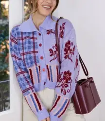 NEW Kut From the Kloth Jacquard Floral Plaid Collared Cardigan Sweater Purple