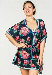 Matilda Jane Women's XXL Navy Floral Print Kaftan Beach Cover Up Tassels