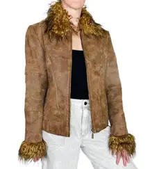 Retro Y2K Hippie Brown Leather Fur Trimmed Jacket