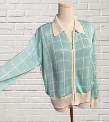 FIA Italia Aqua Check Zip Front Cardigan Shoulder Pads Vintage Boxy Sweater