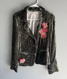 Johnny Was Embroidered Floral Olive Green Velvet Silk Blazer Women's Size S