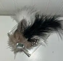Black & White Feather & rhinestone Brooch pin Handmade
