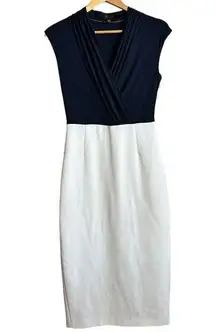 TED BAKER DRESS Womens 2 / 6 US Navy Blue White Sheath Midi Surplice Neckline