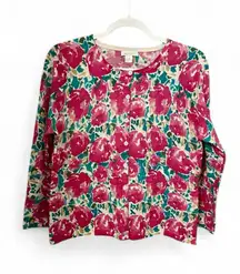 Garnet Hill Tulip Print Merino Wool Cardigan Sweater XL