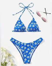 NWT  Allover Daisy Halter Bikini Set - Royal - L/L