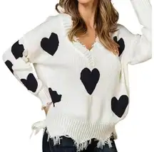 WILDFOX Heart Sweater Sz Small White Black V Neck Oversized Fringe Raw Hem Knit