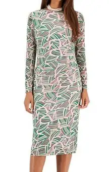 KASPER Women's Side-Pleated Crewneck Mesh Sleeve Printed Midi Dress 1X