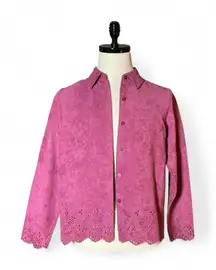 Relativity Petite Pink Faux Suede Embroidered Cutout Button Front Shirt Jacket