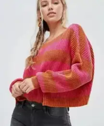 Free People Just My Stripe‎ Sweater Pink Orange Round Neck Cotton Women Sz Xs