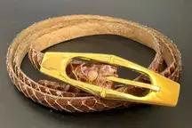 Vintage Brown Snakeskin Leather Gold-tone Buckle Skinny Belt Waist 29”-32”