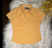 Cotton Express Missy stretch mustard pearl snap blouse sz medium