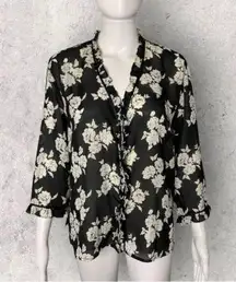 Vintage  Che Black & White Floral Print Sheer Ruffle Button Front Blouse