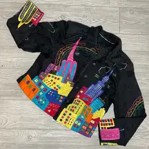 Vintage Anage Cityscape crop long sleeve button front embroidered beaded jacket