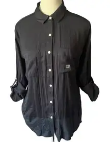 LOFT Women's MP Gray Collared Blouse‎ Roll Tab Sleeves Casual Business Casual