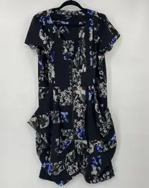 City Chic Floral Print Dress Fit & Flare Full Zipper Front V Neck Black Blue 18