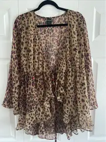 Womens Medium Leopard Ruffle Kimono Robe Siren Swim Coverup Sexy Sleepwear