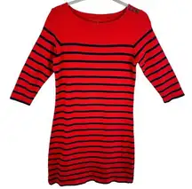 L.L.Bean  100% Cotton Red Navy Blue 3/4 Sleeve Tight Knit Sweater Dress Size S