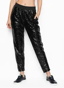 Victorias Secret Sport Pants Womens L Black Sequined Sparkly Glitter Dark Glam