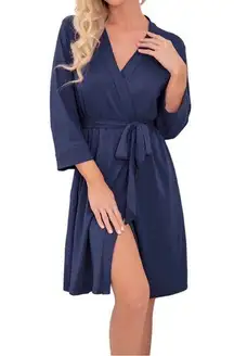 Kimono Style Navy Blue Women's Robe with Pockets Size Large with Waist Tie