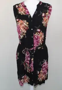 Womans Black W/ Floral Design Sleeveless Button Up Dress - Size Medium