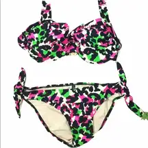 Rockabilly Pinup girl halter neon pink leopard side tie bikini rare