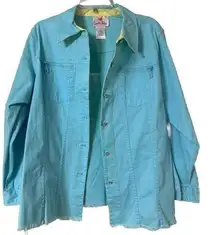 Quacker Factory  Jeweled Bling Sky Blue Raw Hem Jean Shirt Jacket Womens 1X (S14)