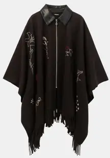 Desigual Black Leather Collar Embroidered Fringe Hem Poncho One Size Zip Front