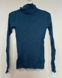 J Mclaughlin Arlette Sweater XS Knit Rib Stretch Button Turtleneck Blue Solid