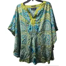 Jones New‎ York Paisley Print Caftan Top Blouse Green Blue Boho Chic Plus