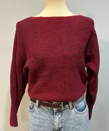 Burgundy red and black boatneck ribbed crop sweater winter cozy, size XL