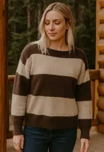 Pure Amici 100% Cashmere Brown and Tan Stripe Crewneck Cozy Cabin Holiday XS