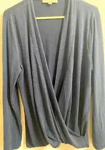 LOFT Size L Blue Wrap Sweater Wool Blend Loose Fit V Neck Long Sleeves