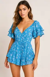Skylar Madison Blue Floral Print Off Shoulder‎ Ruffle Romper Shorts Dress M