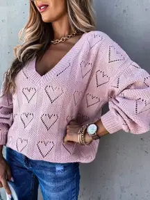 Heart cutout sweater knit lilac pink v-neck long sleeve top