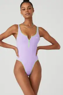 Alo‎ Yoga Supernova Purple Thong Bodysuit Green Trim Zipper