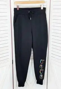 Bebe Sport Rainbow Sequin Logo Fleece Jogger Pants Black Small