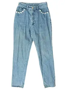 Vintage 90s Grommet Silver Ribbon Light Wash Blue High Rise Mom Jeans size 6