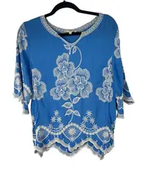 Solitaire Blue White Heavily Embroidered Floral Blouse Top‎ Sz S Women’s