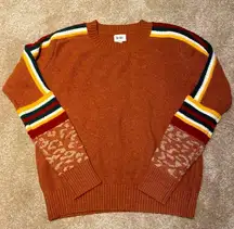 BiBi Knit Texture Contrast Crochet Stripe Brick Sweater Leopard Cuff S