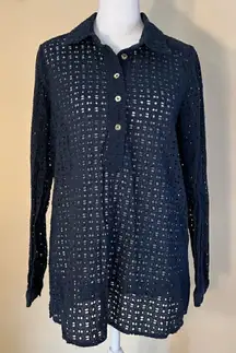 C Wonder Navy Blue Eyelet Crochet Open Knit Button Neckline Pullover Top Med