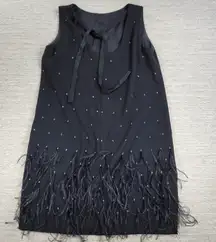 Ann Taylor Black Rhinestone Feather Hem Shift Dress 14 Party Cocktail Flapper