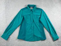 Columbia Omni Shade Button Up Shirt Women Large Teal Roll Tab Sleeve Outdoor