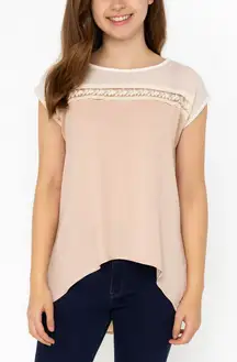 Excellent Faith & Joy Womens Beige Short Sleeve Blouse with Lace Accent Junior L